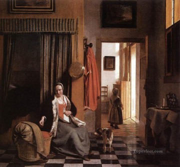 ピーテル・デ・ホーホ Painting - ゆりかごの横で彼女の胴着をひもで締める母のジャンル ピーター・デ・ホーホ